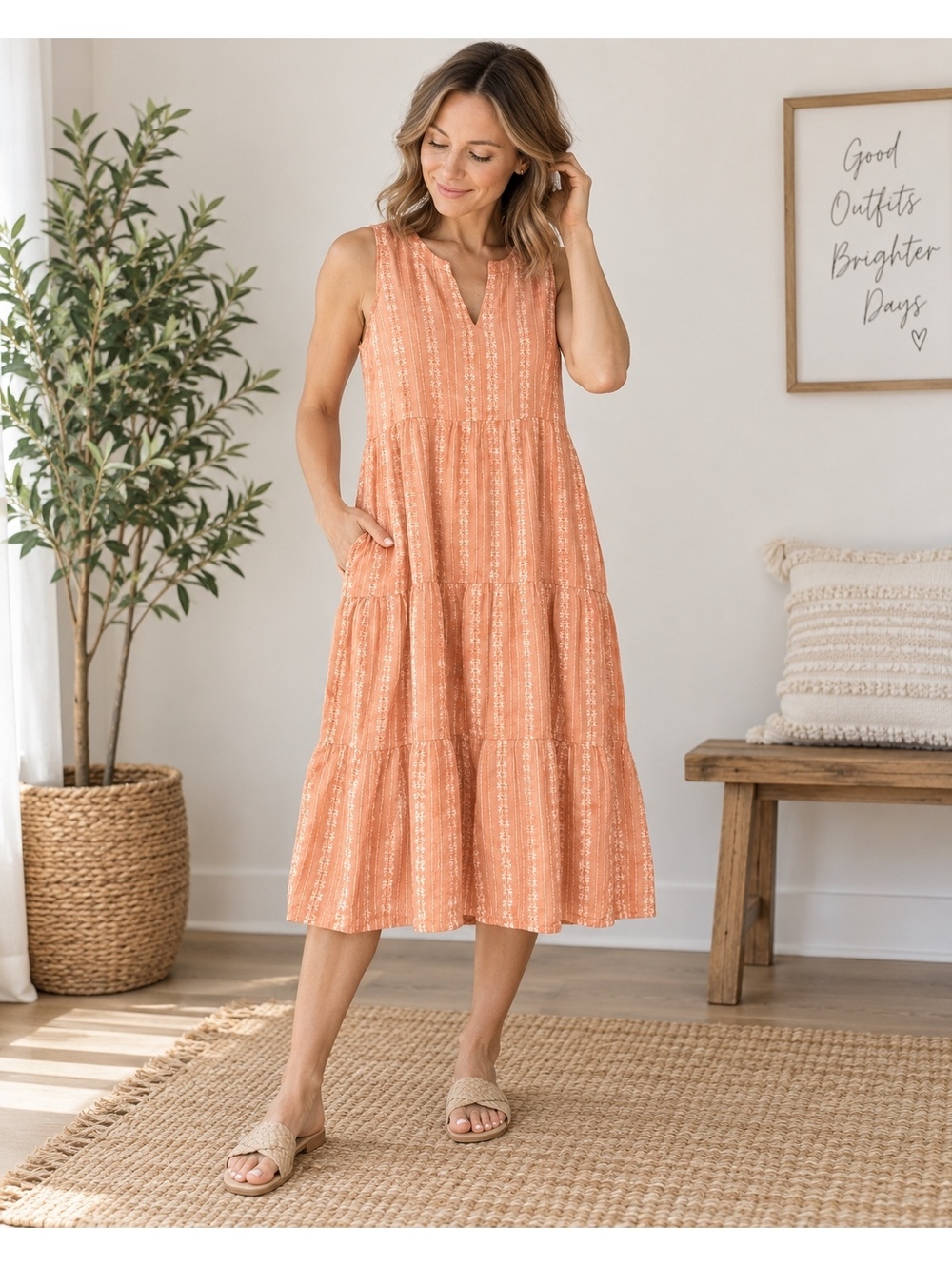 Orange Cotton Tiered Midi Dress J Jill Sleeveless Boho Pocket Dress XS Petite